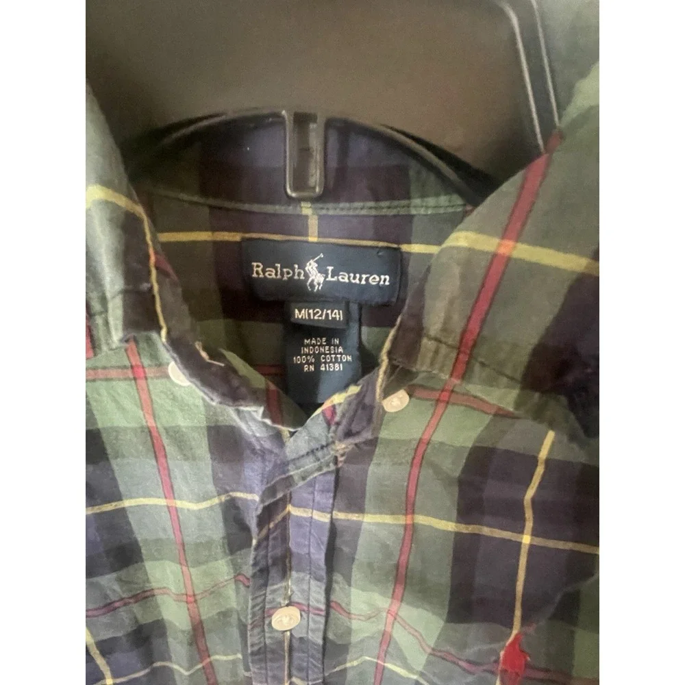 Ralph Lauren Shirt  Youth M (12/14) Green‎ Blue  Button Down Logo